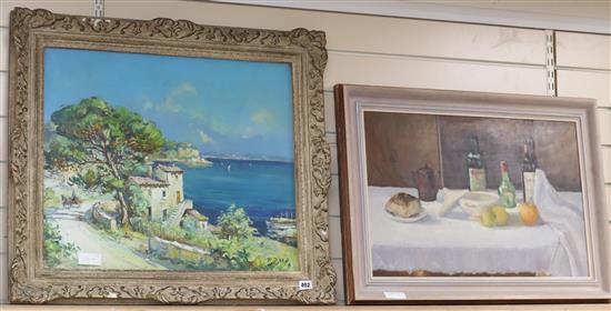 M. Bazle, oil on canvas, Mediterranean coastal scene, 50 x 60cm and an unsigned oil table top still life
